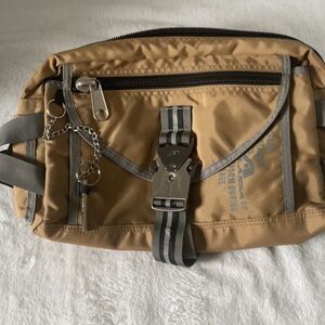 Tan and Gray Belt Bag with Durable Fabric and Metal Accents